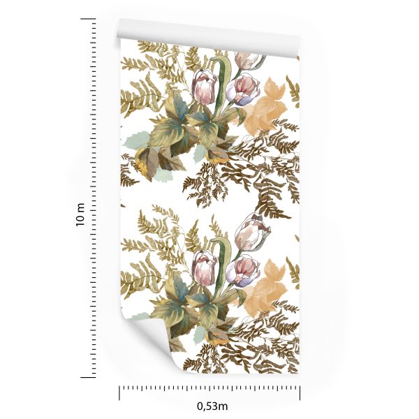 Behang Bladeren En Tulpen In Vintage Stijl - Afbeelding 8