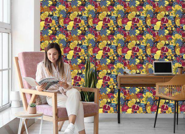 Behang Exotische Vruchten, Bloemen En Vogels - Afbeelding 7