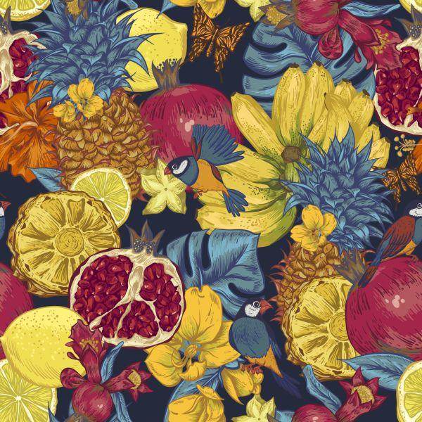 Behang Exotische Vruchten, Bloemen En Vogels - Afbeelding 2