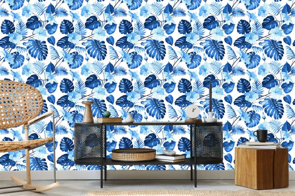Behang Blauwe Tropische Bladeren En Bloemen - Afbeelding 5