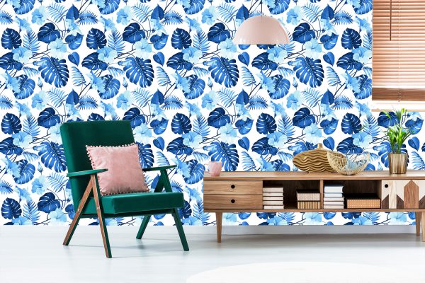 Behang Blauwe Tropische Bladeren En Bloemen - Afbeelding 6