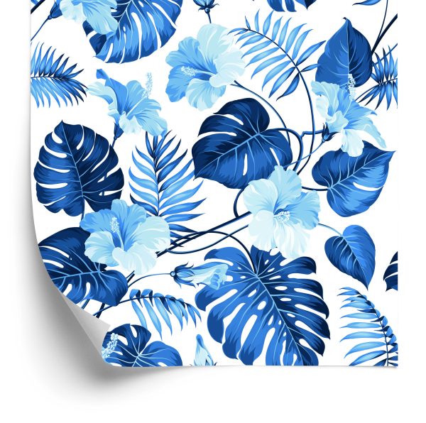Behang Blauwe Tropische Bladeren En Bloemen
