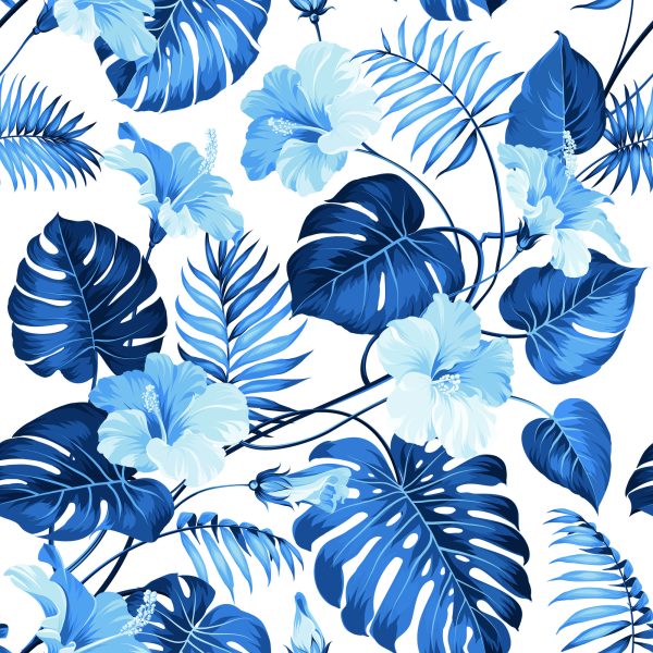 Behang Blauwe Tropische Bladeren En Bloemen - Afbeelding 2