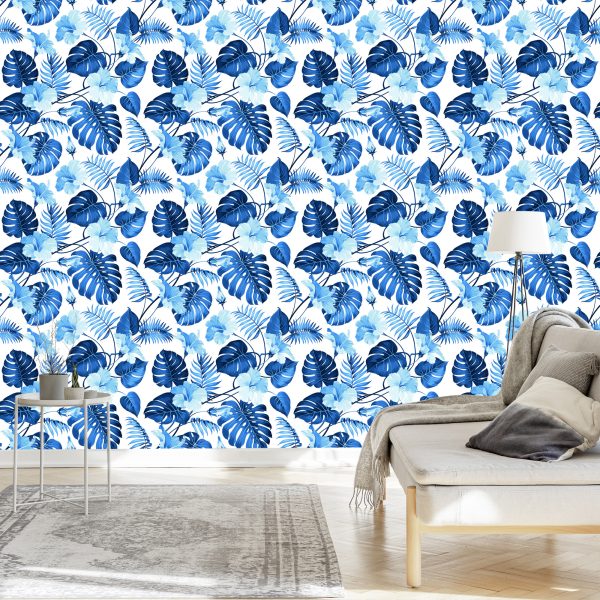 Behang Blauwe Tropische Bladeren En Bloemen - Afbeelding 3