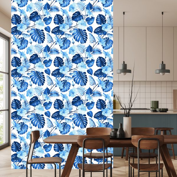 Behang Blauwe Tropische Bladeren En Bloemen - Afbeelding 4