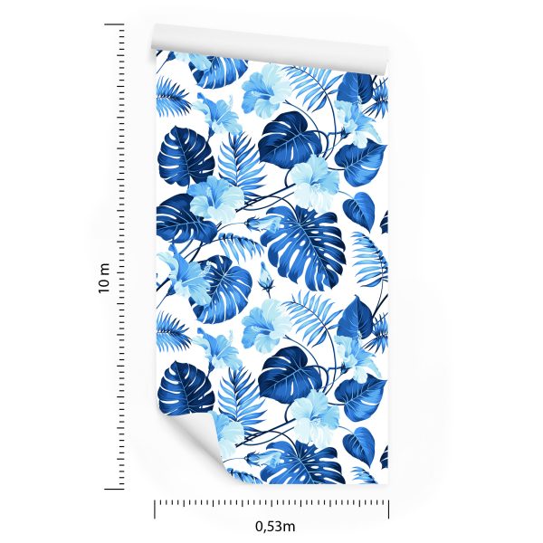 Behang Blauwe Tropische Bladeren En Bloemen - Afbeelding 8