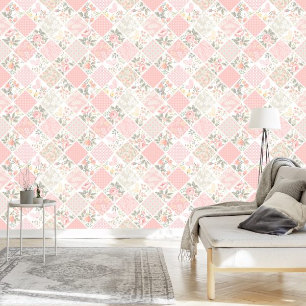 Behang Patchwork-Mozaïek Met Vlinders En Bloemen - Afbeelding 3