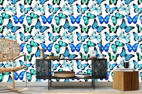 Behang Voor Kinderen Blauwe 3D Aquarel Vlinders - Afbeelding 5