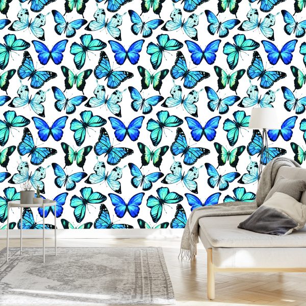Behang Voor Kinderen Blauwe 3D Aquarel Vlinders - Afbeelding 3