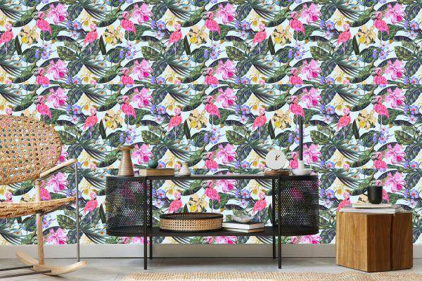 Behang Flamingo's, Bloemen, Bladeren, Natuur - Afbeelding 5