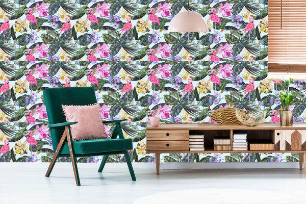 Behang Flamingo's, Bloemen, Bladeren, Natuur - Afbeelding 6