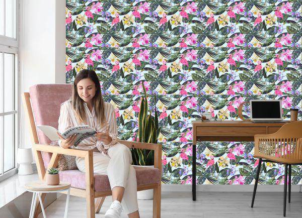 Behang Flamingo's, Bloemen, Bladeren, Natuur - Afbeelding 7