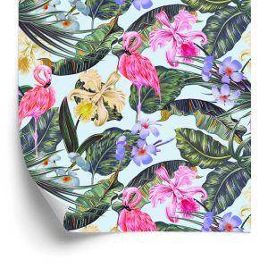 Behang Flamingo's, Bloemen, Bladeren, Natuur