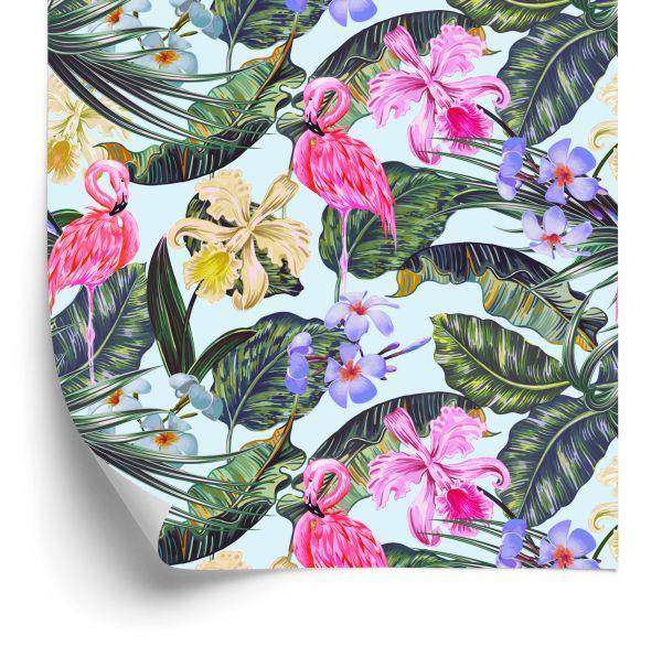 Behang Flamingo's, Bloemen, Bladeren, Natuur