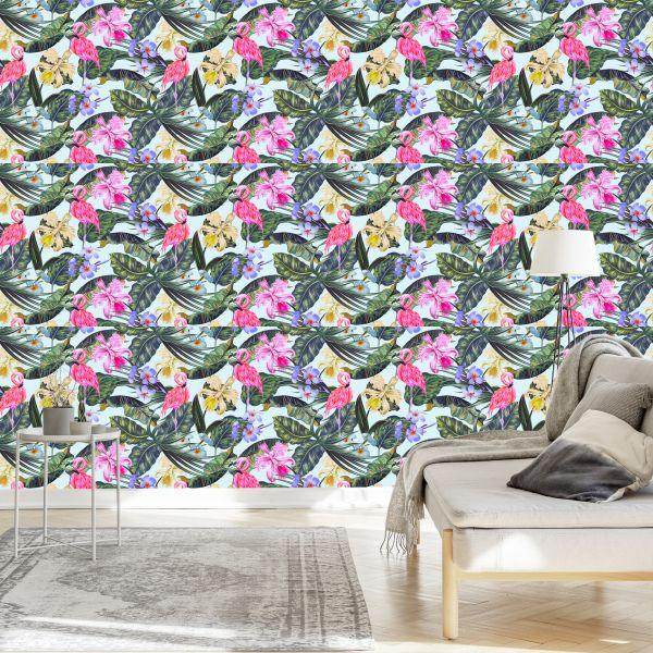 Behang Flamingo's, Bloemen, Bladeren, Natuur - Afbeelding 3