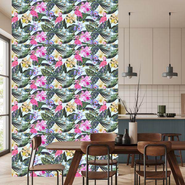 Behang Flamingo's, Bloemen, Bladeren, Natuur - Afbeelding 4