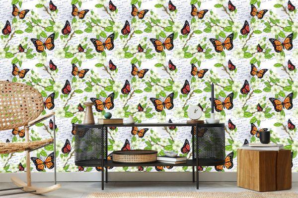 Behang Vlinders, Bloemen, Bladeren, Takken, Voor In De Woonkamer - Afbeelding 5