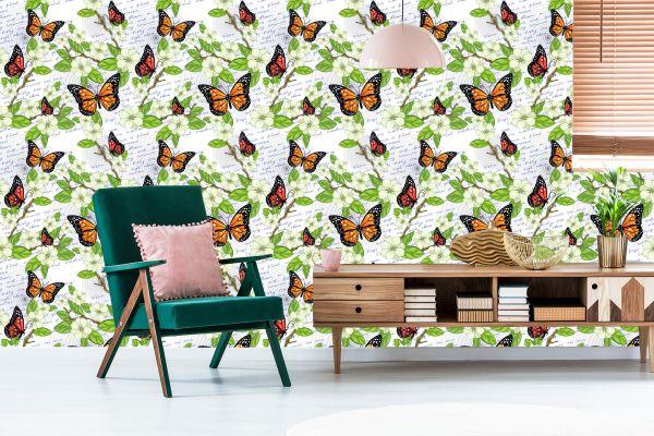 Behang Vlinders, Bloemen, Bladeren, Takken, Voor In De Woonkamer - Afbeelding 6