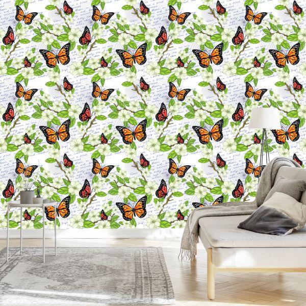 Behang Vlinders, Bloemen, Bladeren, Takken, Voor In De Woonkamer - Afbeelding 3