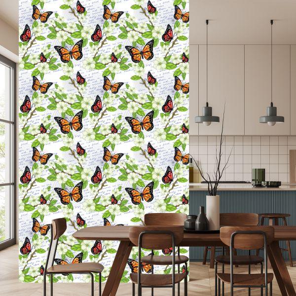 Behang Vlinders, Bloemen, Bladeren, Takken, Voor In De Woonkamer - Afbeelding 4
