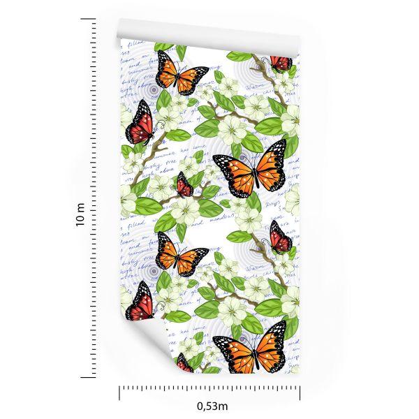 Behang Vlinders, Bloemen, Bladeren, Takken, Voor In De Woonkamer - Afbeelding 8