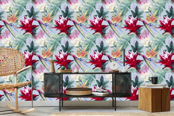 Behang Tropische Aquarel Bloemen - Afbeelding 5