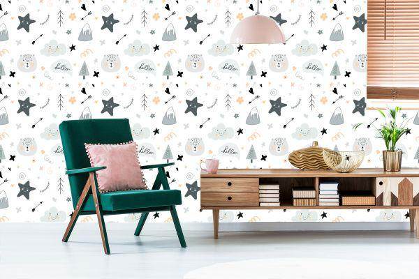 Behang Voor Kinderen, Sterren, Wolken, Scandinavische Stijl - Afbeelding 6