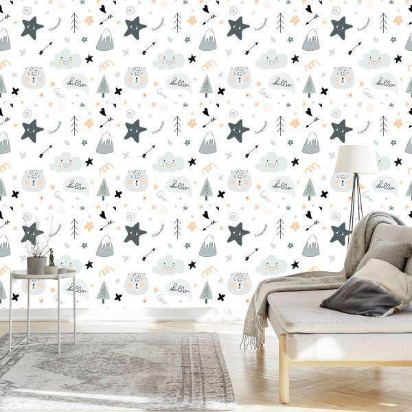 Behang Voor Kinderen, Sterren, Wolken, Scandinavische Stijl - Afbeelding 3