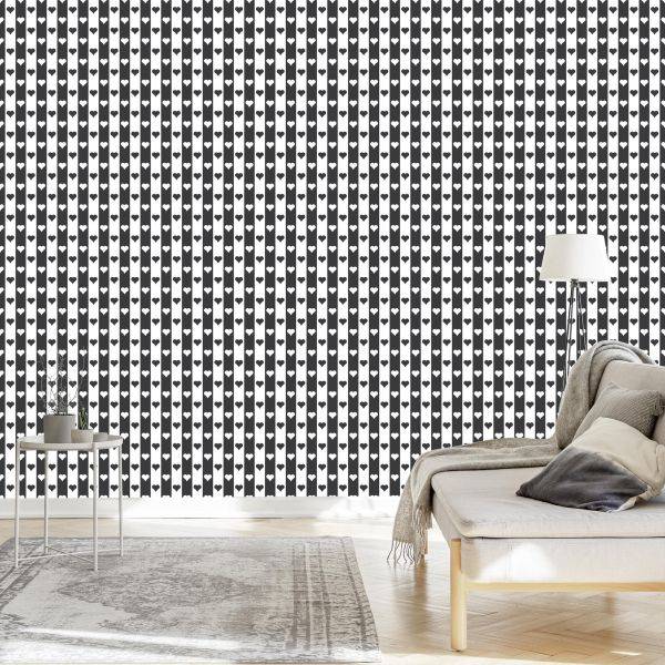Behang Zwart-Witte Strepen En Harten - Afbeelding 3