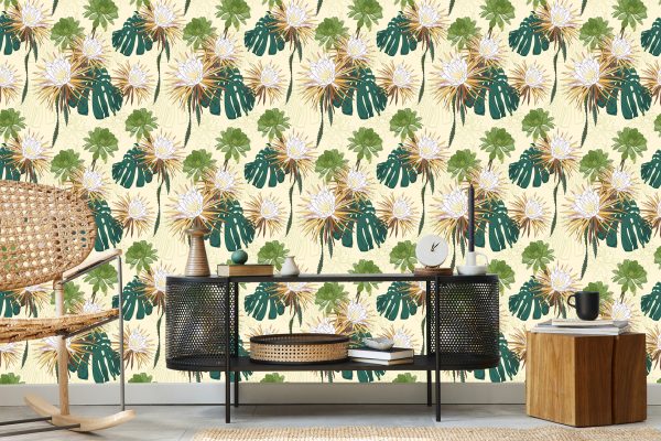 Behang Heldere Bloemen Met Bladeren Op De Achtergrond - Afbeelding 5