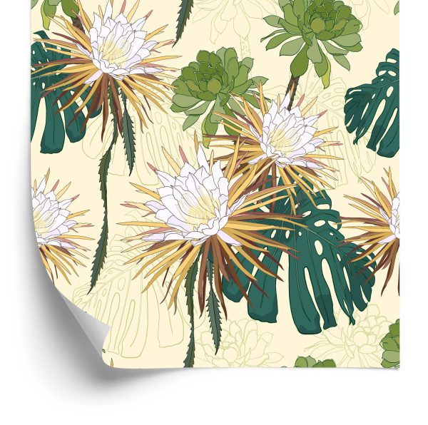 Behang Heldere Bloemen Met Bladeren Op De Achtergrond