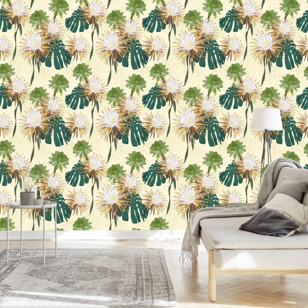 Behang Heldere Bloemen Met Bladeren Op De Achtergrond - Afbeelding 3
