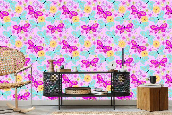 Behang Voor Kinderen, Kleurrijke Vlinders, Bloemen, Planten - Afbeelding 5