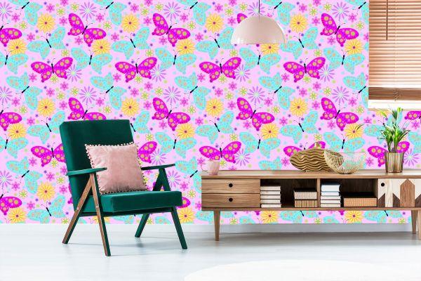 Behang Voor Kinderen, Kleurrijke Vlinders, Bloemen, Planten - Afbeelding 6