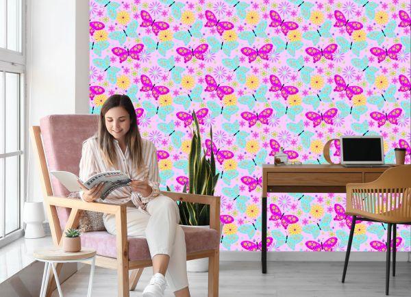 Behang Voor Kinderen, Kleurrijke Vlinders, Bloemen, Planten - Afbeelding 7