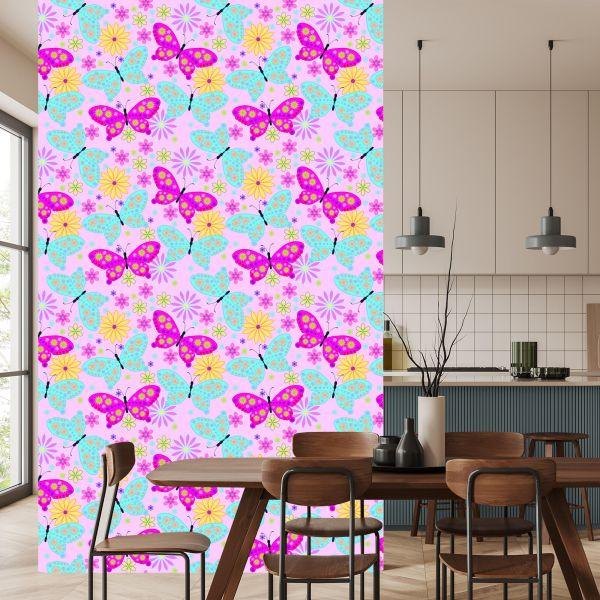 Behang Voor Kinderen, Kleurrijke Vlinders, Bloemen, Planten - Afbeelding 4