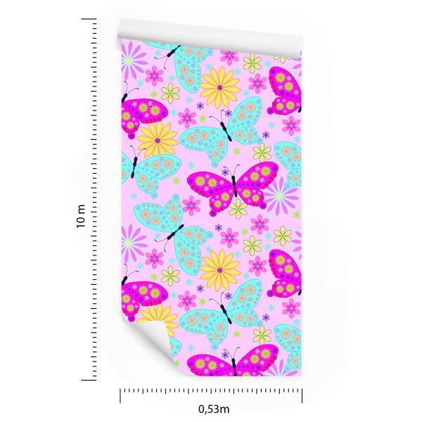 Behang Voor Kinderen, Kleurrijke Vlinders, Bloemen, Planten - Afbeelding 8