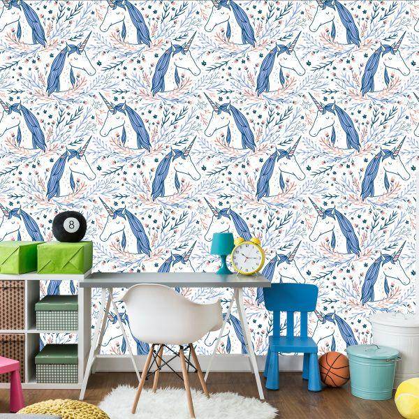 Behang Voor Kinderen - Eenhoorns Op Een Achtergrond In Scandinavische Stijl - Afbeelding 4