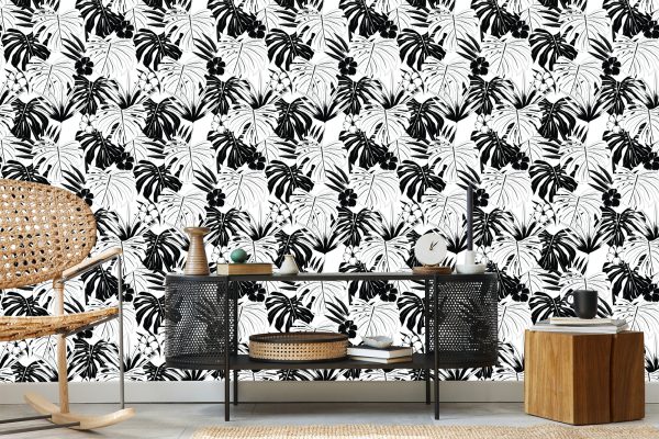 Behang Zwart-Witte Tropische Bladeren - Afbeelding 5