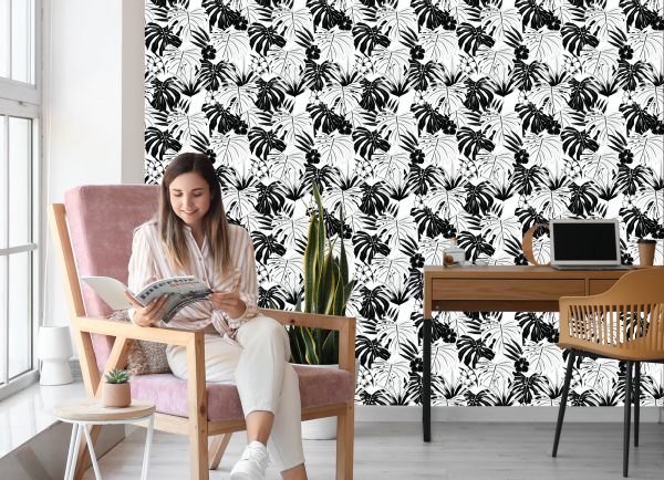 Behang Zwart-Witte Tropische Bladeren - Afbeelding 7