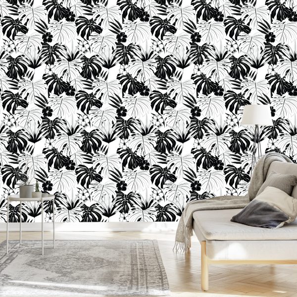 Behang Zwart-Witte Tropische Bladeren - Afbeelding 3