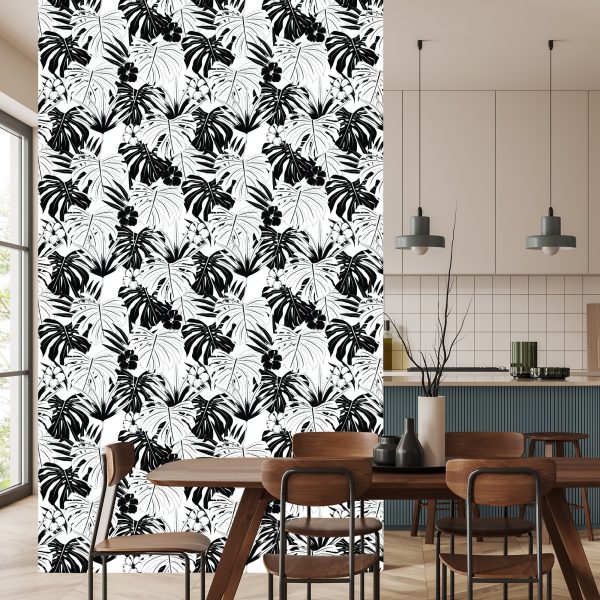 Behang Zwart-Witte Tropische Bladeren - Afbeelding 4