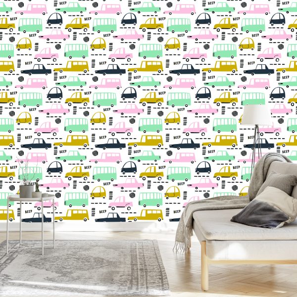 Behang Pastelkleurige Auto's - Afbeelding 3