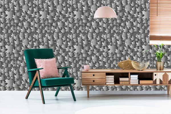 Behang Grijze Bladeren - 3D-Effect - Afbeelding 6