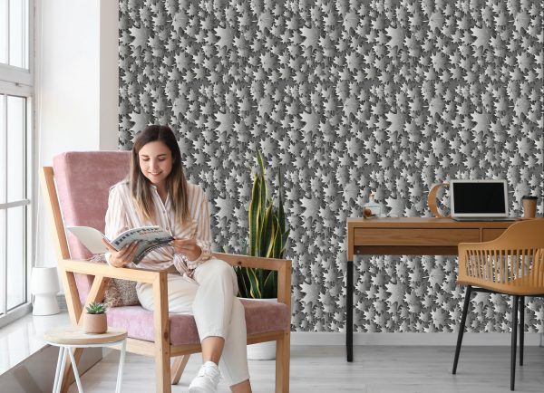 Behang Grijze Bladeren - 3D-Effect - Afbeelding 7