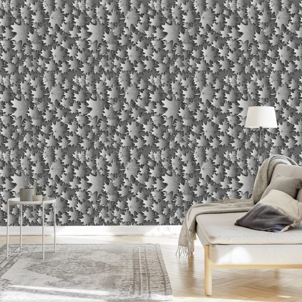 Behang Grijze Bladeren - 3D-Effect - Afbeelding 3