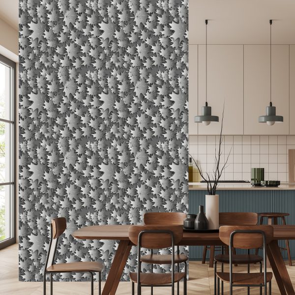 Behang Grijze Bladeren - 3D-Effect - Afbeelding 4