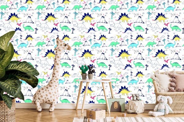 Behang Voor Kinderen, Dinosaurussen, Palmbomen, Vulkaan - Afbeelding 5