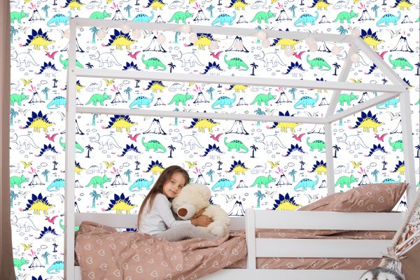 Behang Voor Kinderen, Dinosaurussen, Palmbomen, Vulkaan - Afbeelding 7