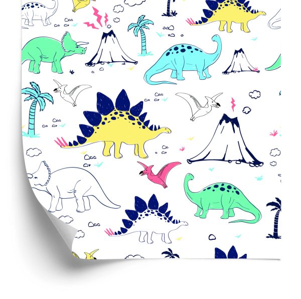 Behang Voor Kinderen, Dinosaurussen, Palmbomen, Vulkaan